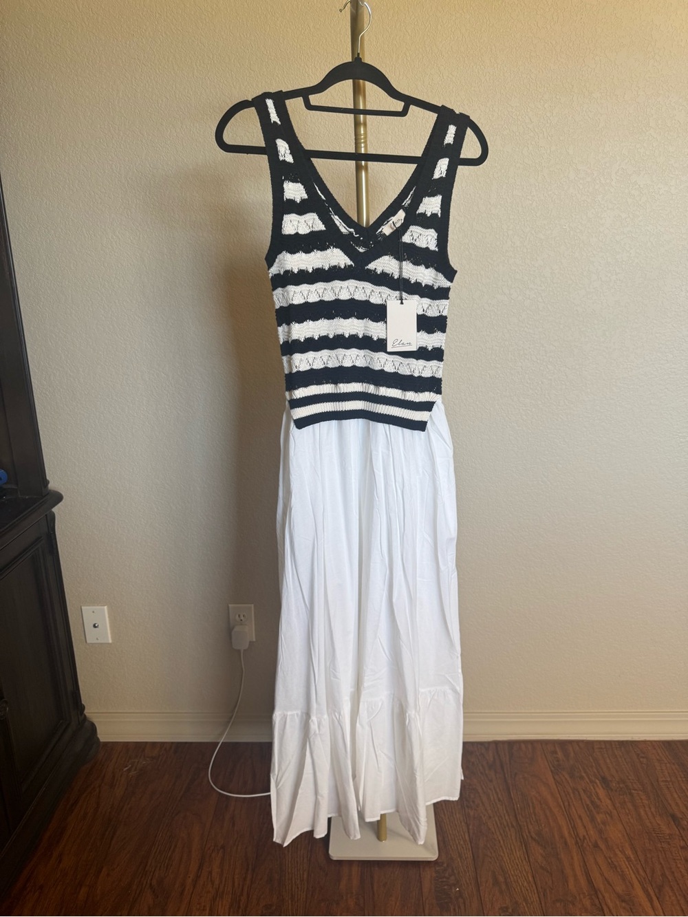 Elan Black & White Striped Knit Bodice Maxi Dress